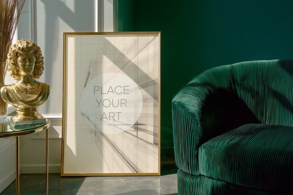 Vertical gold frame mockup leaning on the floor next to a green pleated velvet sofa and a golden bust in a luxury Art Deco room.