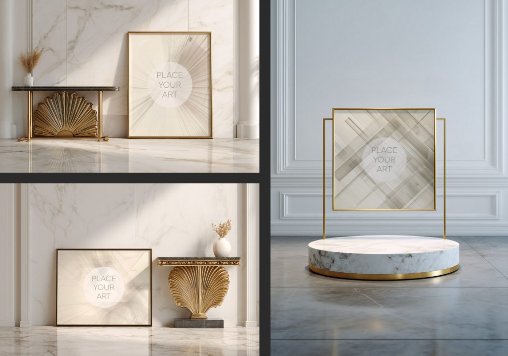 Vertical gold frame mockup leaning on a white marble floor next to a luxury golden fan-shaped console table in a bright room.