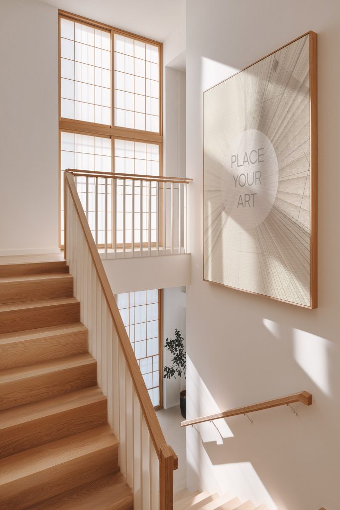 Vertical light wood frame mockup on a high white wall viewed from a staircase, featuring large shoji-style windows and natural warm sunlight.