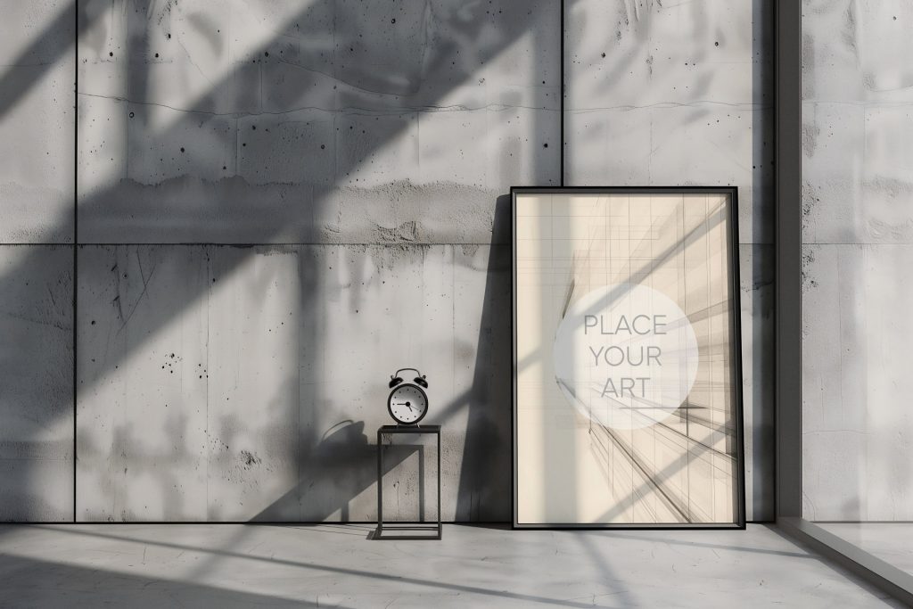 Vertical wall art mockup leaning on a raw concrete floor against a brutalist textured cement wall, next to a minimalist black stand with a classic alarm clock under sharp industrial shadows.