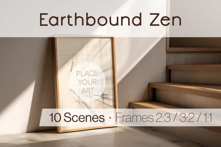 Japandi wall art mockup with framed artwork resting on the floor in a warm minimalist interior
